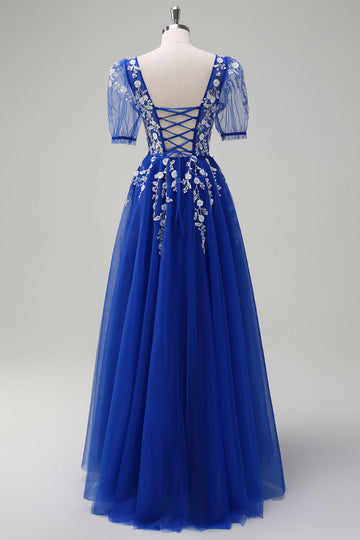 Sparkly Royal Blue A-Line V Neck Appliques Tulle Long Formal Dress with Short Sleeves